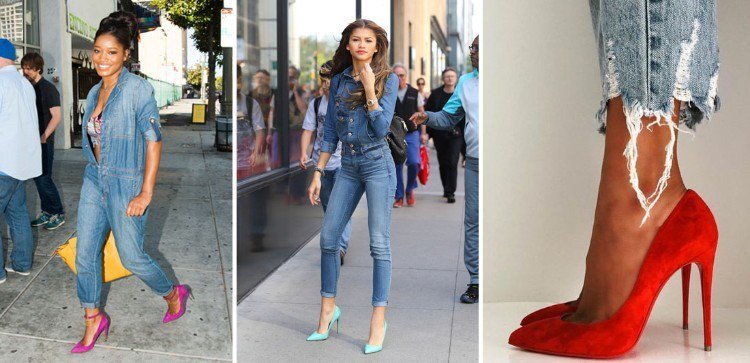 aké topánky k rifľovej kombinéze farebné lodičky na vysokom podpätku