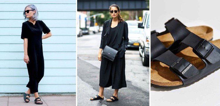 ležérna čierna kombinéza v čiernom letnom birkenstocku