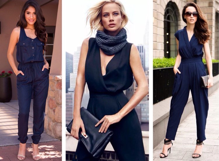 Aké topánky sa hodia k tmavomodrej kombinéze s nahými alebo čiernymi sandálmi na podpätku