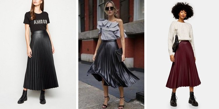 Skombinujte koženú skladanú sukňu s čižmami alebo čiernymi sandálmi