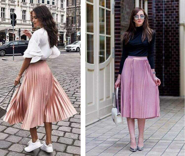 Skombinujte ružovú skladanú sukňu s teniskami alebo striebornými lodičkami