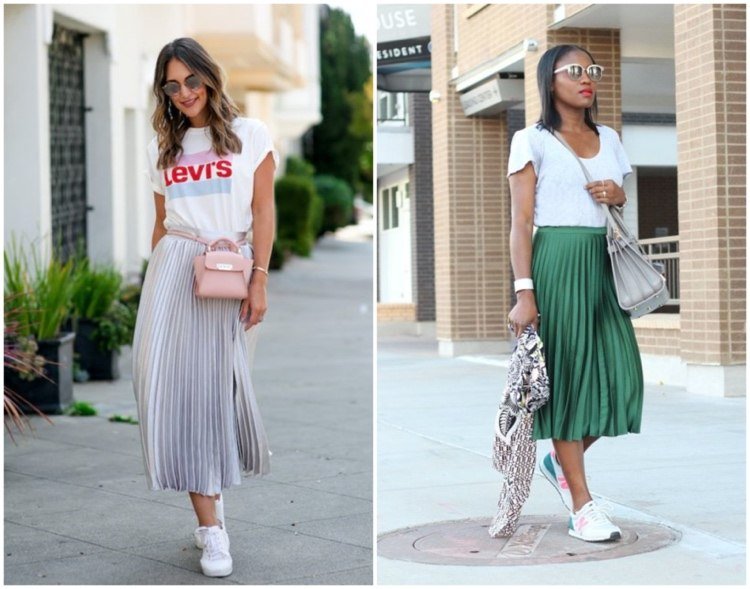 Štýlové midi skladané sukne s teniskami