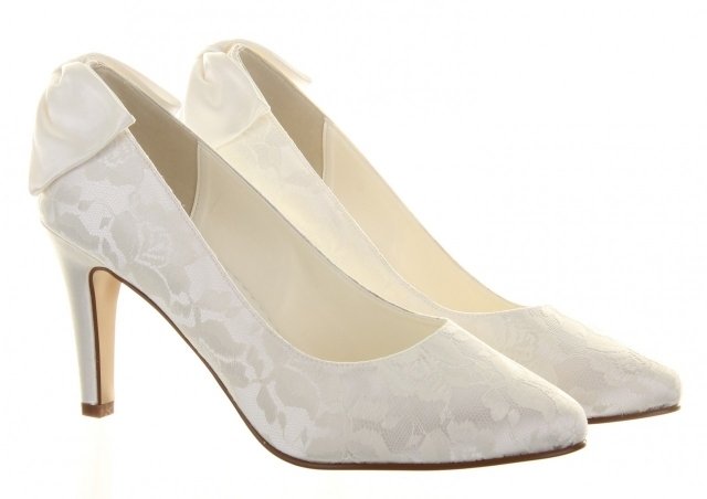elegantné dámske topánky na svadobnej podpätku so šperkami a slučkami Svadobné topánky-podpätkové šperky-Obal vyrobený z čipky-bielej farby