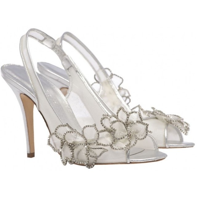 elegantné svadobné topánky s kvetinovými ozdobami otvorené ramienka na podpätku Svadobné topánky s otvoreným podpätkom na podpätku zdobeným kvetmi