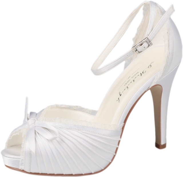 Sandále na remienku pre svadobno-saténový bielo-elegantný model Platforma-peep-toe-čipka-svadobné topánky-biela-elegantná-otvorená päta