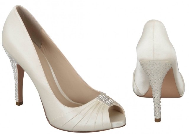 Slonovinová svadobná obuv pre ženy-mierne skladaný podpätok zdobený kamienkami Platforma-svadobné topánky-kamienky-vysoký podpätok-otvorené-prsty-biele