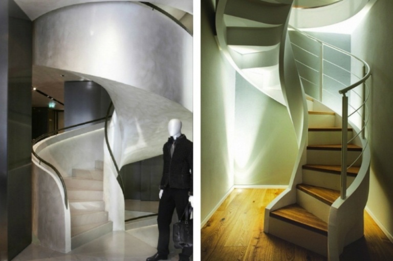 dizajn točité schodisko lesk betón futuristický vzhľad parkety kovové zábradlie