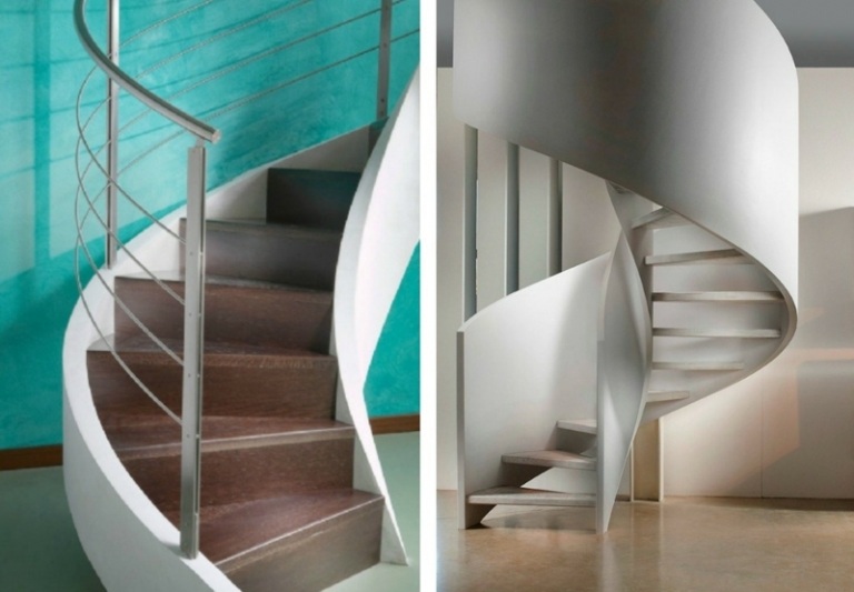 točité schodisko dizajn betón schody z tmavého dreva obklad zábradlia oceľ