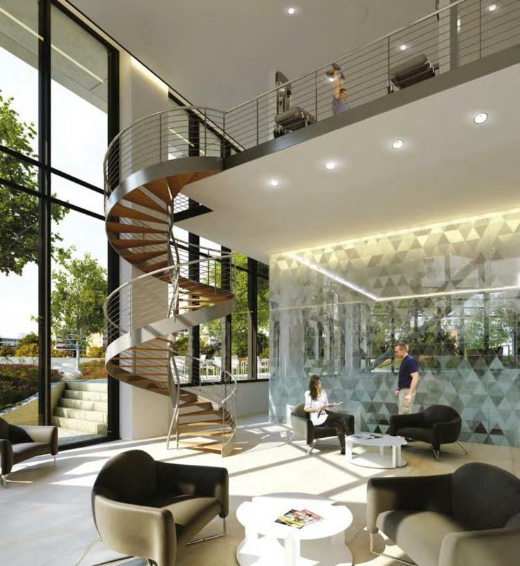 moderné obytné sklenené stenové točité schodisko do dreva