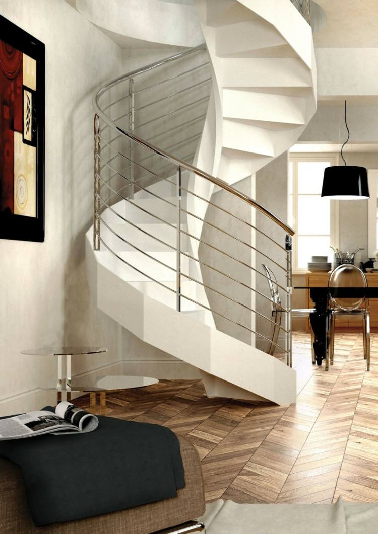 kovové schodiskové zábradlie úzke točité schodisko vo vnútri podlahy so vzorom rybej kosti