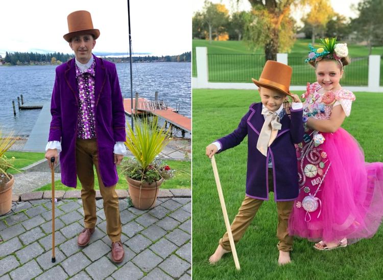 Willy Wonka zo starej filmovej verzie s vychádzkovou palicou, čiapkou a kabátom