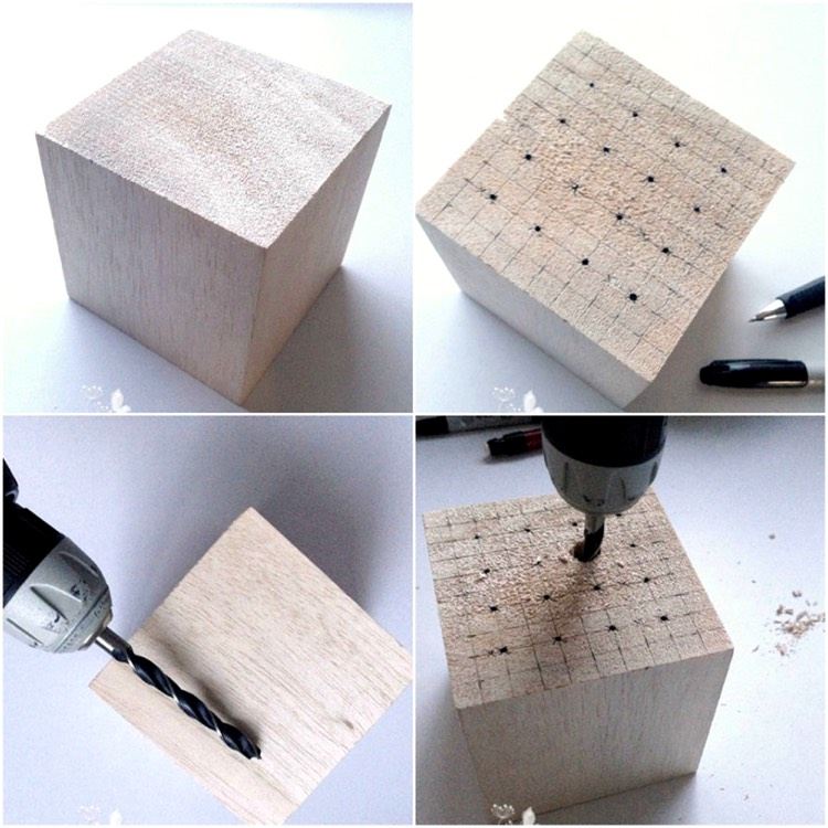 Drevený držiak na kocky - vyvŕtajte otvory práca s drevom-deti-nápady-držiak pera-základná škola-kocky