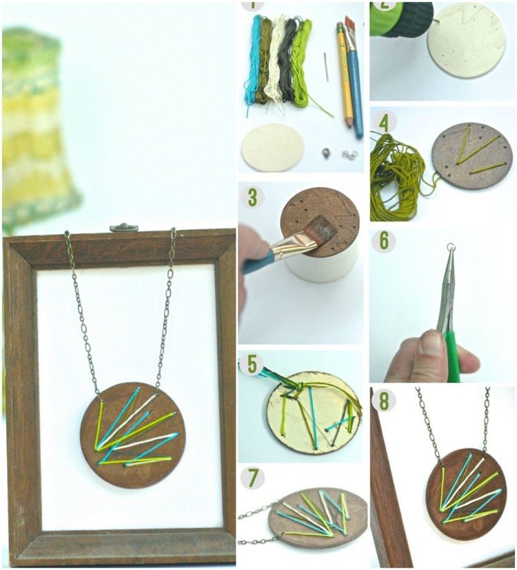 Prívesok vyrobený z dreva a farebných nití práca s drevom-deti-nápady-šperky-dievča-náhrdelník-drevo-prívesok