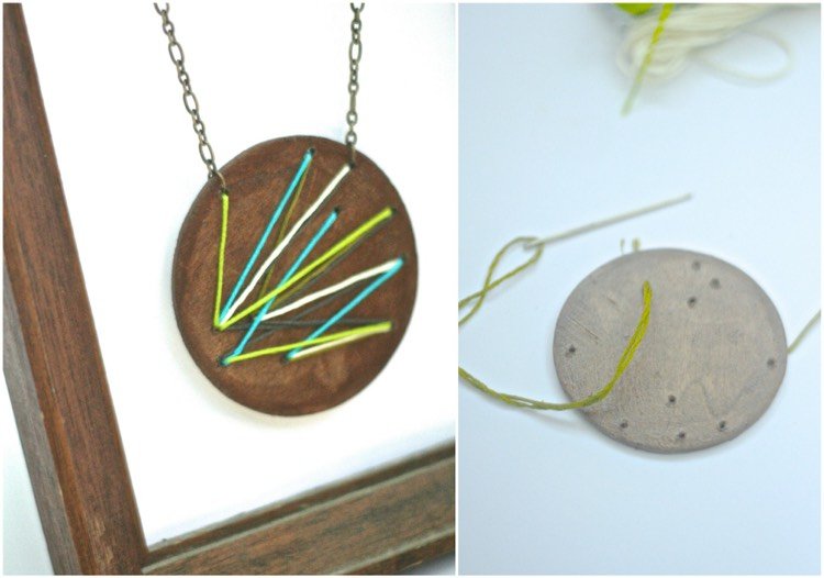 Na navliekanie vám pomôže ihla práca s drevom-deti-nápady-šperky-retiazka-prívesky-drevený-kotúčový závit
