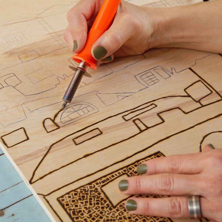 Horiaci motív na dreve s palivovou tyčou práca s drevom-deti-nápady-spájkovačka-pyrografia-drevený panel