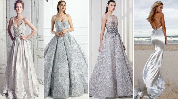 dlhé svadobné šaty v striebornej alebo sivej farbe pre tradičný vkus