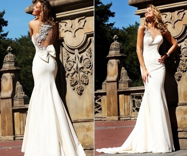 Romantický nápad s výstrihom na jednom ramene svadobné šaty-detaily-chrbát-dlhý-vlak