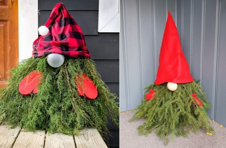 Roztomilé trpaslíky z jedľových konárov pre vstupný priestor a záhradu s klobúkmi