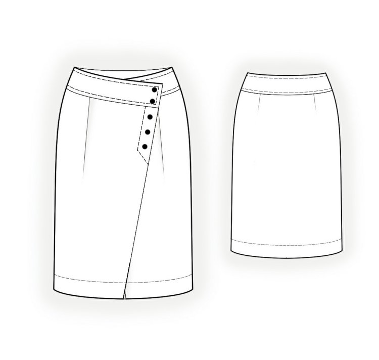 Vzor pre zavinovaciu sukňu s gombíkmi na boku zavinovací sukňa-vzor-gombíky-predná strana