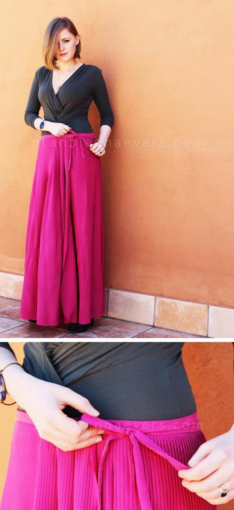 Zavinutá sukňa v maxi dĺžke nariasená do fialovej wrap-sukňa-blízko-nápad-maxi-sukňa-skladaná-ružová-viazaná na boku