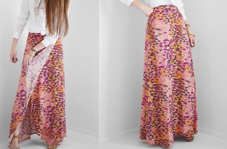 Zavinujte sukňu v maxi dĺžke so vzorom trojuholníka v ružovej a fialovej farbe Zavinujte sukňu-nápad-začiatočník-ružový-tón-geometrický vzor