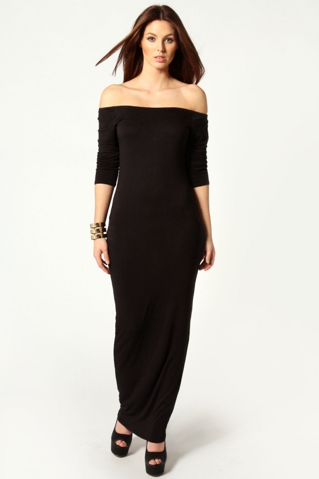 vyzerať mladšie rameno show žena elegantné šaty show rameno žena elegantné dlhé čierne šaty