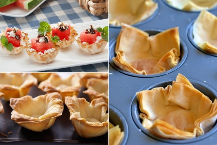 Upečte hniezda pečiva filo a ozdobte kockami melónu