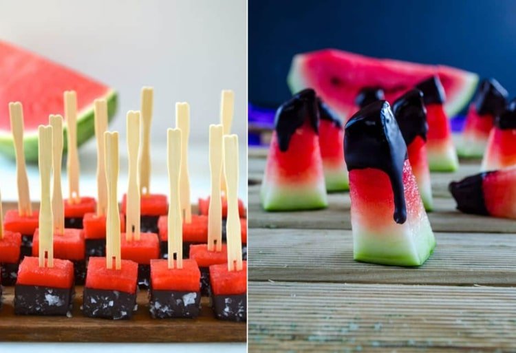 Kocky alebo tyčinky melónu v čokoláde na dezert so slanými vločkami