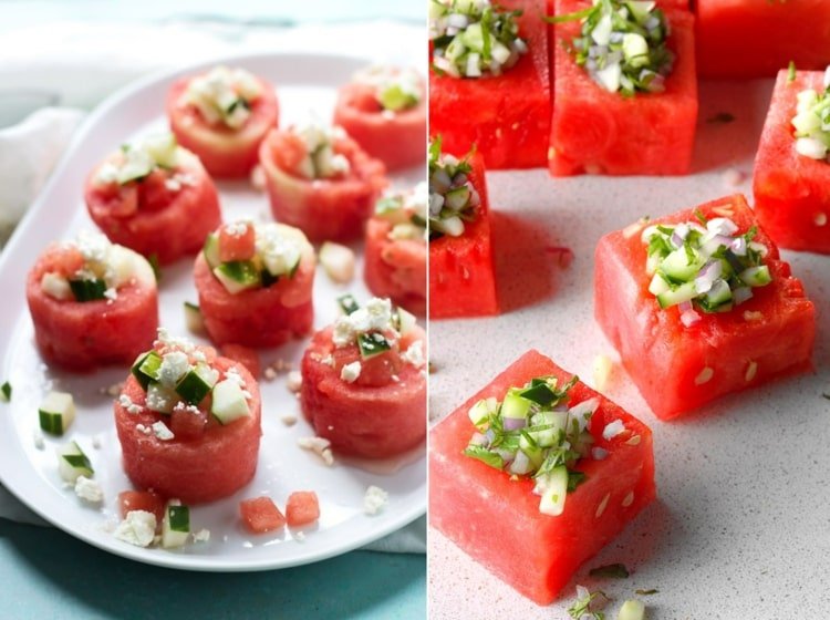 Podávajte melón vo forme jednohubiek s uhorkou a fetou