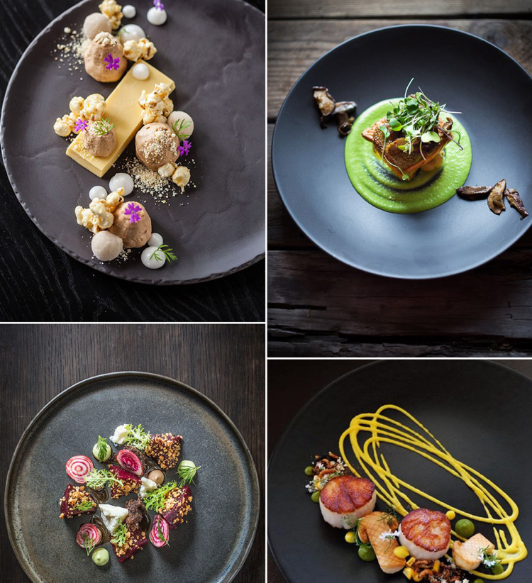 Gurmánsky tanier, čierny tanier podávajúci farebné jedlo