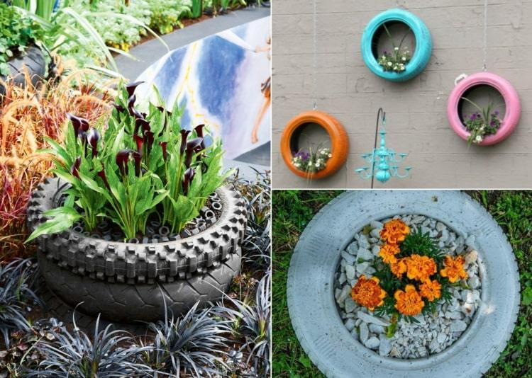 Nástenná dekorácia vonku alebo mini skalka v pneumatike