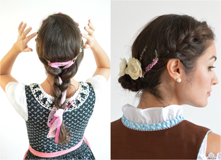 dirndl-účesy-zapletané účesy-bočné-spletené-kvetinové-vlasy-stuha-mašľa