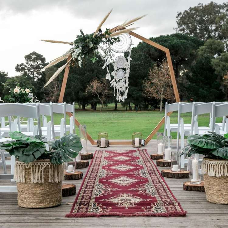 Záhradný plánovací svadobný oblúk boho svadobný koberec