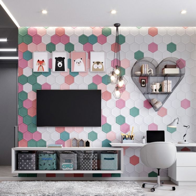 Zariaďte pre dievčatá modernú triedu - šesťuholníkové nástenné panely a biely nábytok