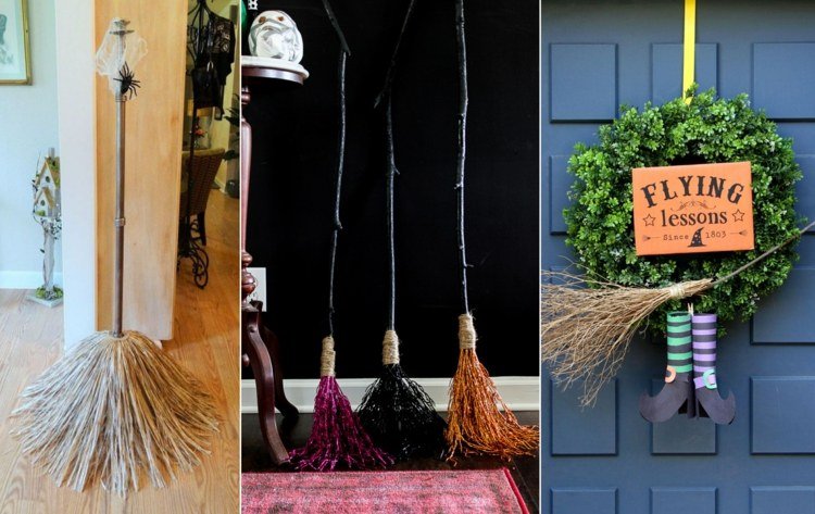Kreatívne čarodejnícke metly vyrábajú s pozlátkom, vetvičkami alebo slamou v rôznych veľkostiach