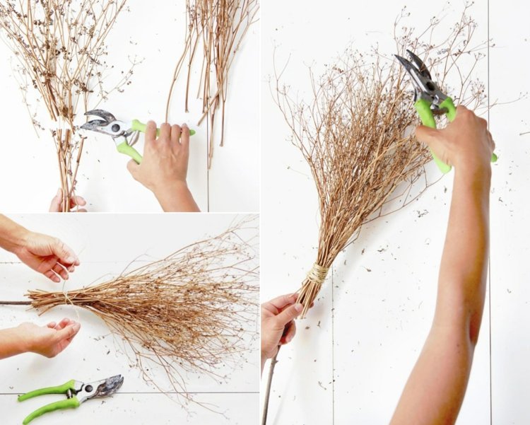 Vyrobte si čarodejnícke metly z tenkých vetvičiek - jednoduchý návod na výrobu halloweenskej dekorácie