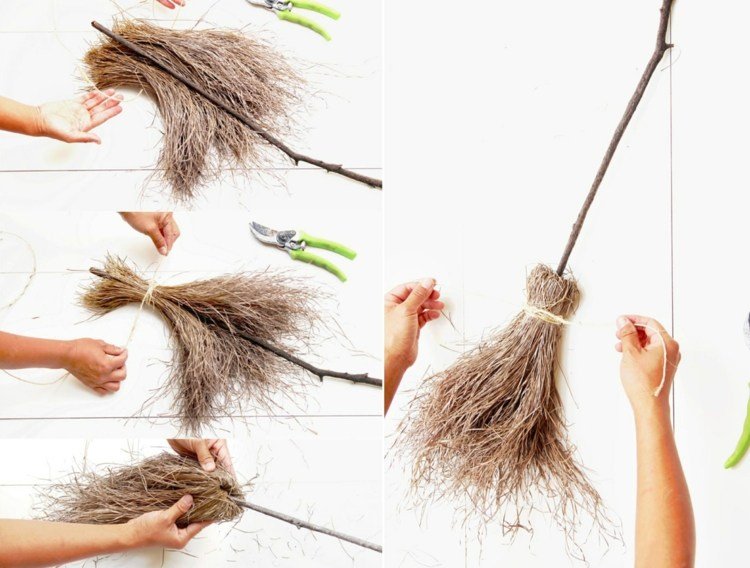 Drotár čarodejníckych metiel s trávou a konármi ako metla - rýchly DIY projekt