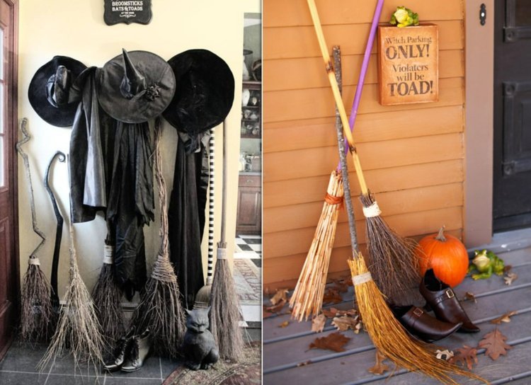 Dizajn chodby s čarodejníckymi šatami, čarodejníckym klobúkom a metlou