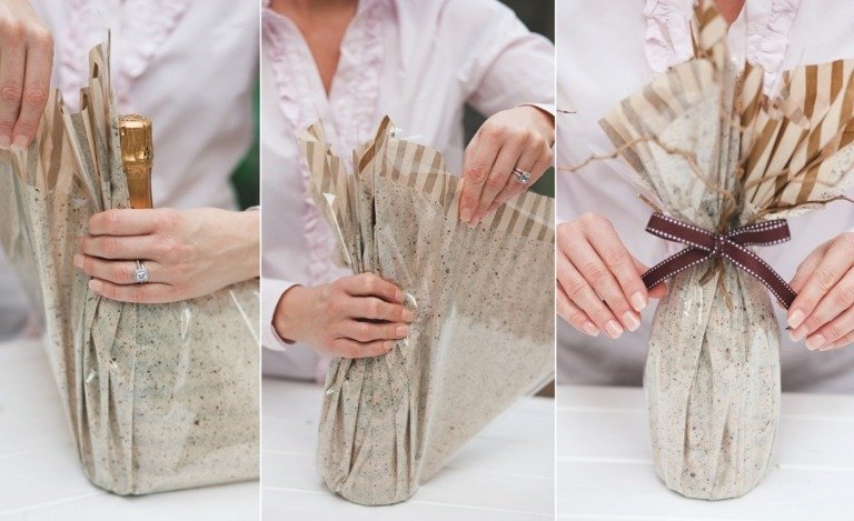 Kreatívne zabaľte fľaše ako darčeky do fólie s jednoduchým návodom