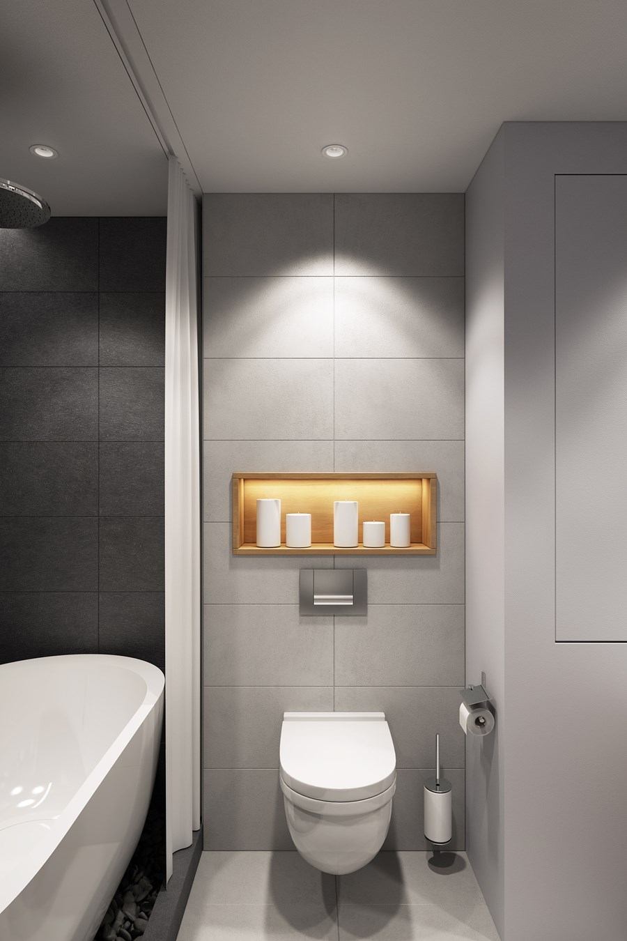 Moderná šedá kúpeľňa Škandinávske nápady kúpeľne Zlaté akcenty Životné trendy