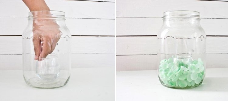 Lucerny na záhradný večierok zaváraninový pohár-držiak sviečky-sklenené kamienky