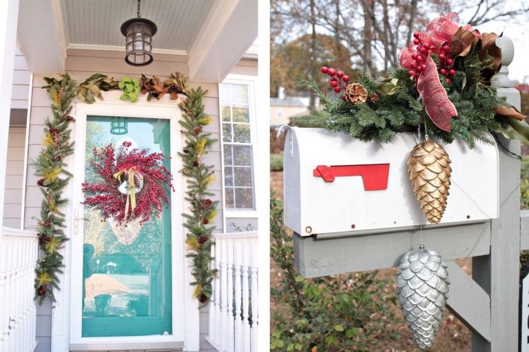 Zimná dekorácia záhradnej poštovej schránky slávnostne zdobí šípku a jedľu zelenou a červenou organzovou mašľou