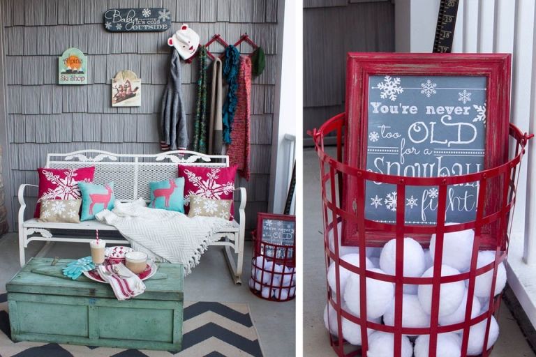 Zimná dekorácia záhradná a terasová vintage dekorácia z pletených vankúšov a textilu