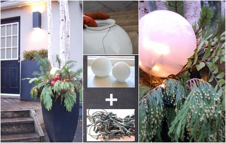 vedierka s vianočnou výzdobou vonku s rozprávkovými svetlami