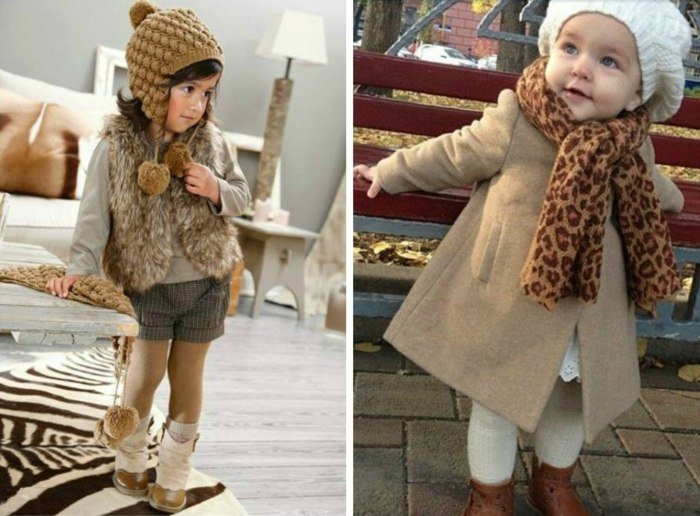 cool outfity pre mini ženy v zime teplá-hnedá-výbava-s-pletenou-čiapkou-a-kožušinovou vestou