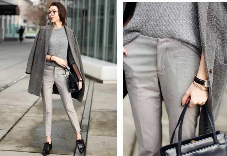 farby zimného typu tón v tóne outfit sivý