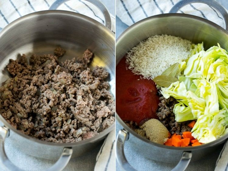 Savojská kapusta varená ako guláš s ryžou, mrkvou a paradajkovou omáčkou