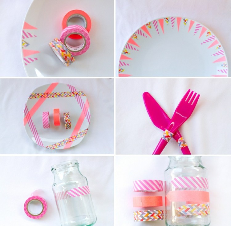 Pláty, príbory a zaváraninové poháre ozdobte washi páskou DIY svadobné dekorácie zaváraninové poháre nápady na zdobenie príborov