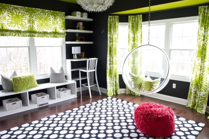 Farebný dizajn-detská izba-dospievajúca izba-steny-tmavo-jedovatá zelená-detaily