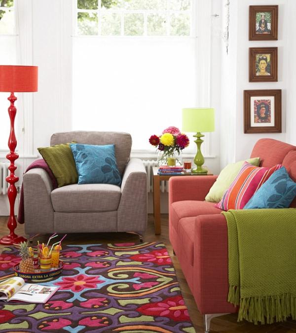 nápady na jarné dekorácie farebné koberce stojacie lampy vankúše